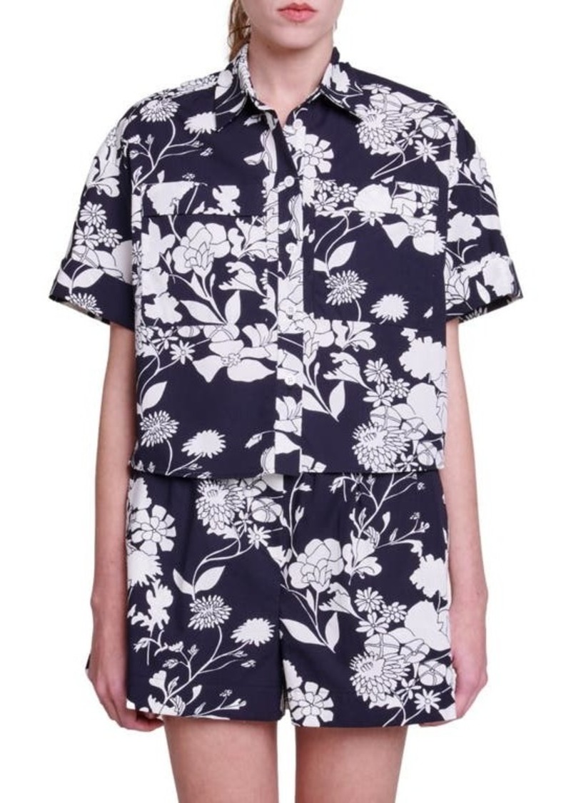 maje Oversize Floral Short Sleeve Cotton Button-Up Shirt
