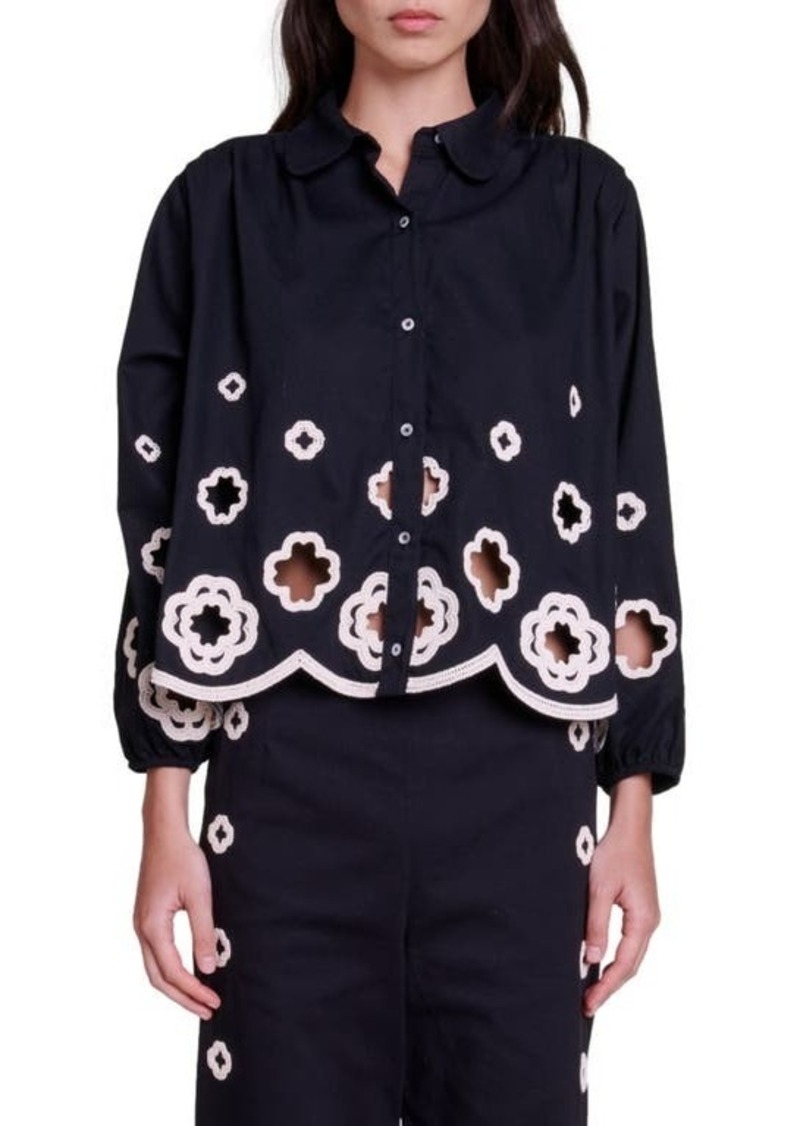 maje Raie Crochet Accent Button-Up Cotton Shirt
