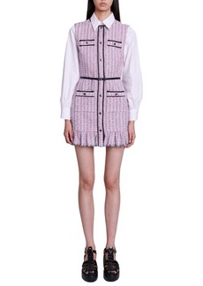 maje Ratri Belted Long Sleeve Tweed Minidress