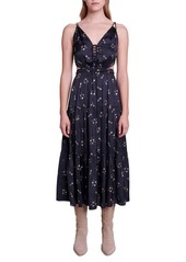 maje Rosolita Sequin Floral Satin Midi Dress