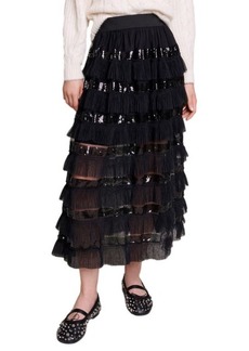 maje Sequin Ruffle Maxi Skirt