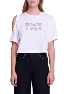 maje tte Single Cold Shoulder Cotton Graphic Crop T-Shirt