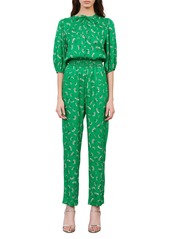 maje Floral Elbow-Sleeve Woven Jumpsuit in Green/White at Nordstrom