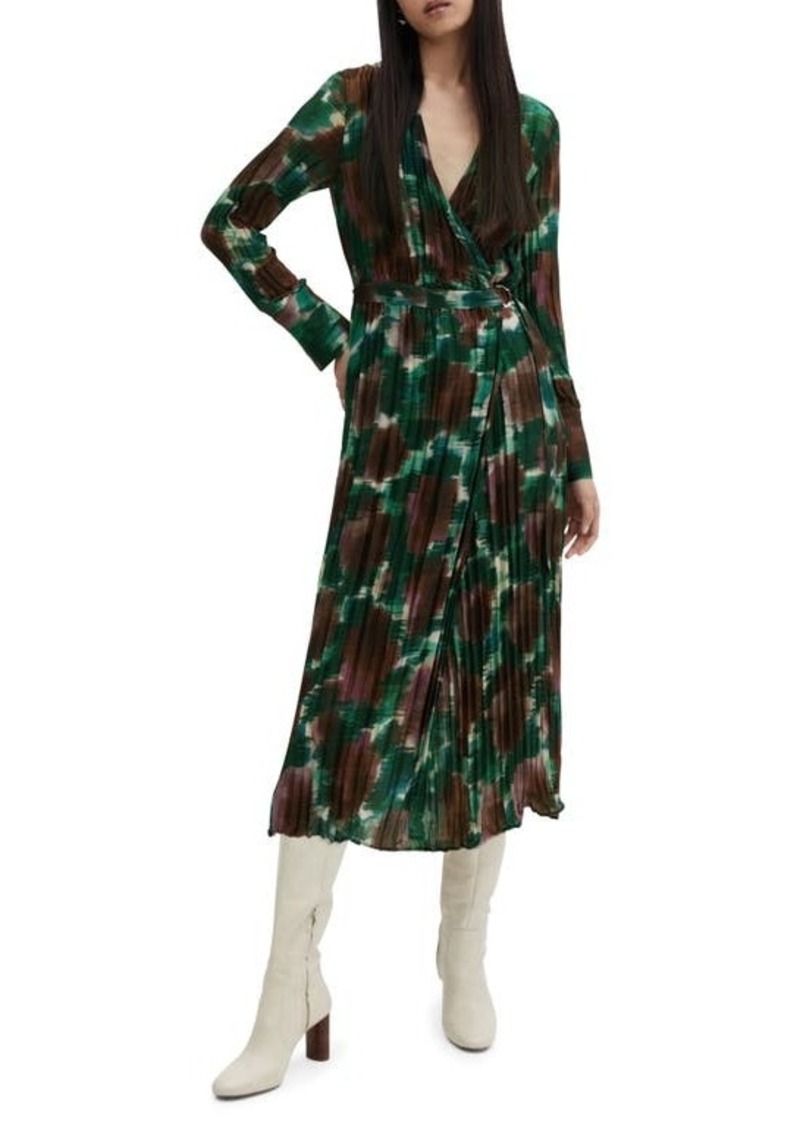 MANGO Abstract Print Pleated Belted Long Sleeve Midi Wrap Dress