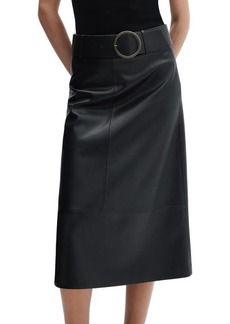 MANGO Faux Leather Belted Midi Skirt
