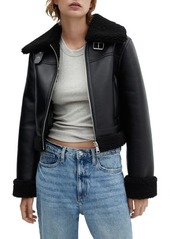 MANGO Faux Shearling Trim Moto Jacket