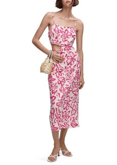 MANGO Floral Cutout Linen Blend Midi Dress