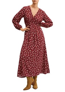 MANGO Floral Long Sleeve A-Line Midi Dress in Maroon at Nordstrom