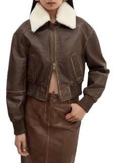 MANGO Leather Bomber with Removable Faux Shearling Collar