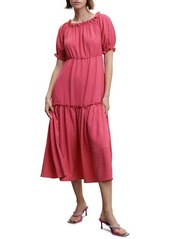 MANGO Puff Sleeve Tiered Midi Dress