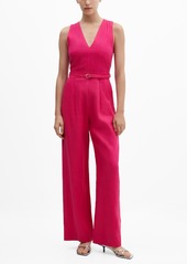 Mango Women's Belt Linen Jumpsuit - Bright Pink