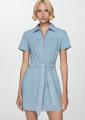 Mango Women's Belted Denim Dress - Light Blue