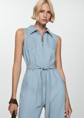 Mango Women's Belted Denim Jumpsuit - Light Blue