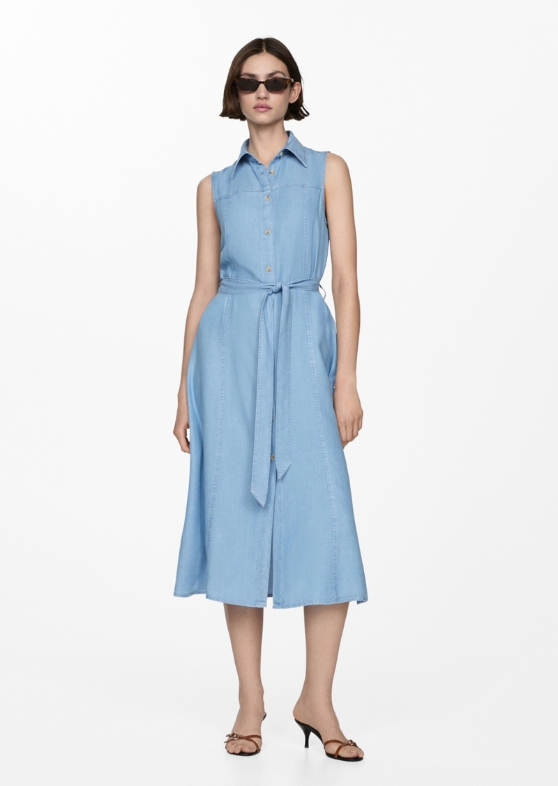 Mango Women's Bow Detail Lyocell Shirt Dress - Light Blue