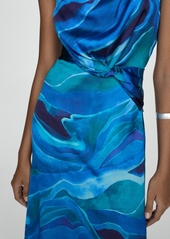 Mango Women's Draped Neck Satin Printed Dress - Blue