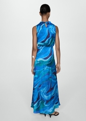 Mango Women's Draped Neck Satin Printed Dress - Blue