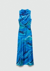 Mango Women's Draped Neck Satin Printed Dress - Blue