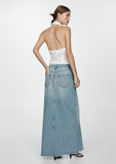 Mango Women's Frayed Hem Detail Denim Skirt - Medium Blue