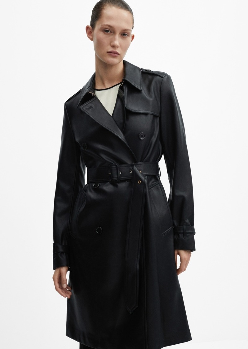 Mango Women's Leather-Effect Trench Coat - Black