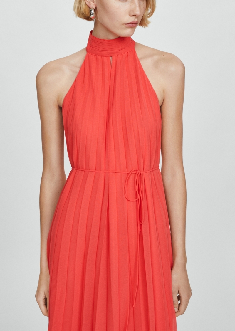 Mango Women's Pleated Halter Neck Dress - Bright Red