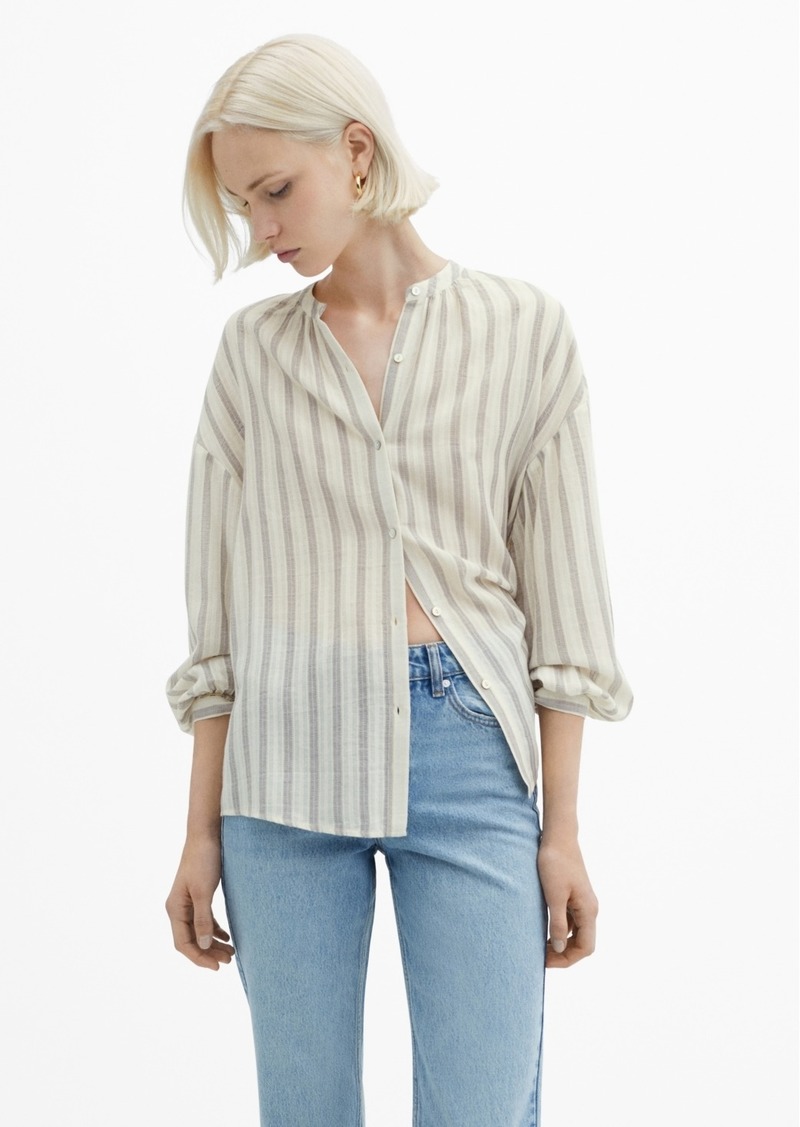 Mango Women's Puffed Sleeves Striped Shirt - Natural White