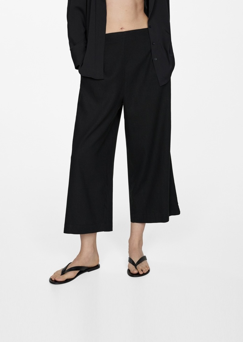 Mango Women's Wide Leg Linen Pants - Black