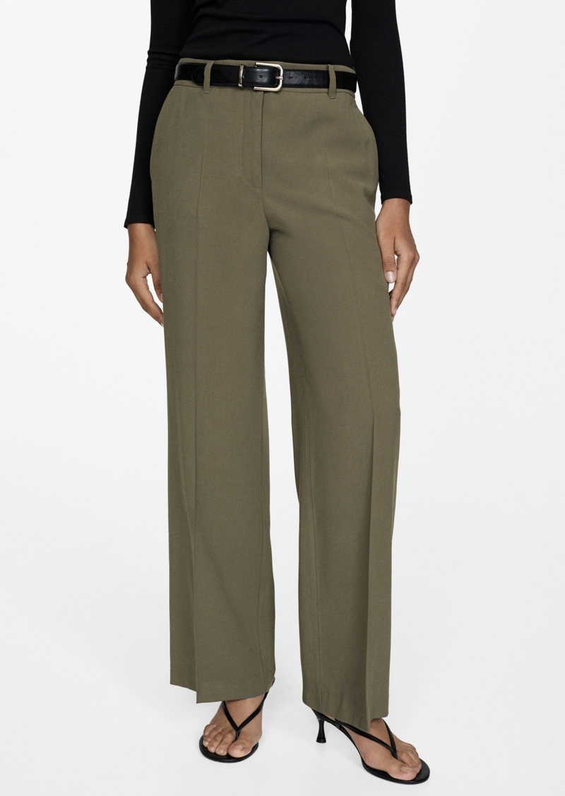 Mango Women's Wide Leg Pleated Pants - Khaki