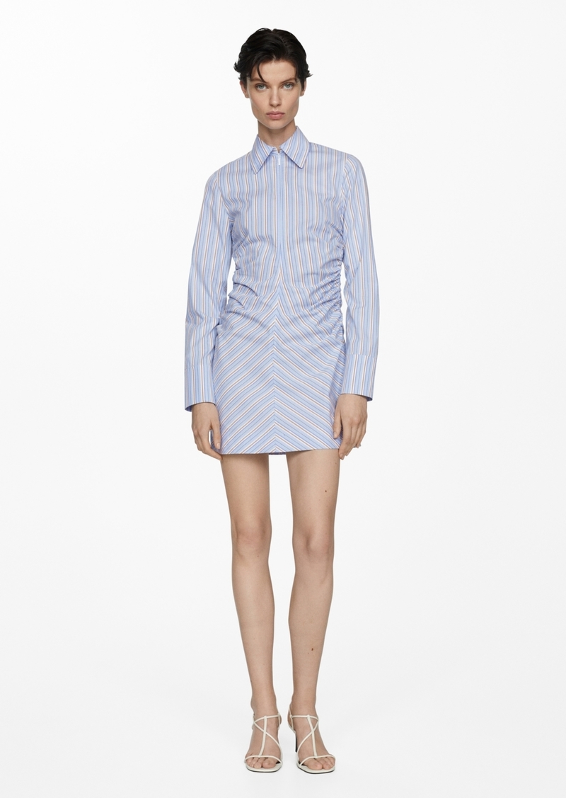 Mango Women's Zipper Detail Striped Shirt Dress - Sky Blue