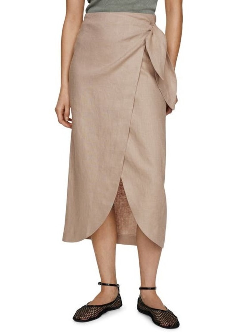 MANGO Wrap Front Linen Midi Skirt
