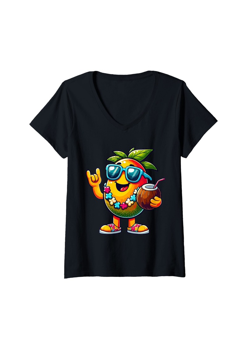 Womens Mango Hawaiian Sunglasses Drinking Coconut Summer Lei V-Neck T-Shirt