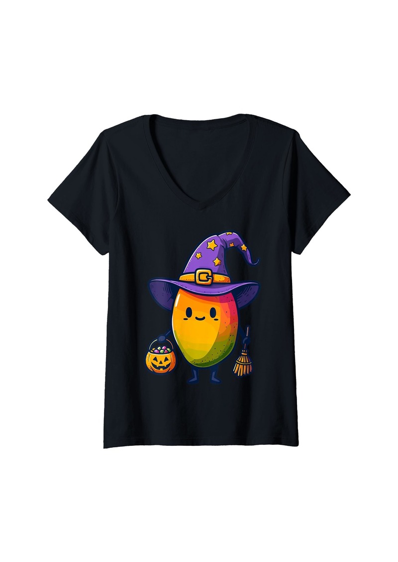 Womens Mango Witch Halloween Hat Holding Candy Halloween V-Neck T-Shirt