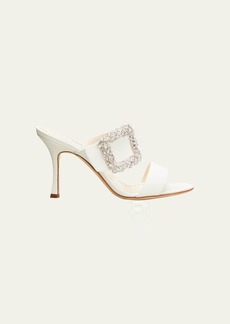 Manolo Blahnik Gable Silk Crystal Buckle Slide Sandals  Cream