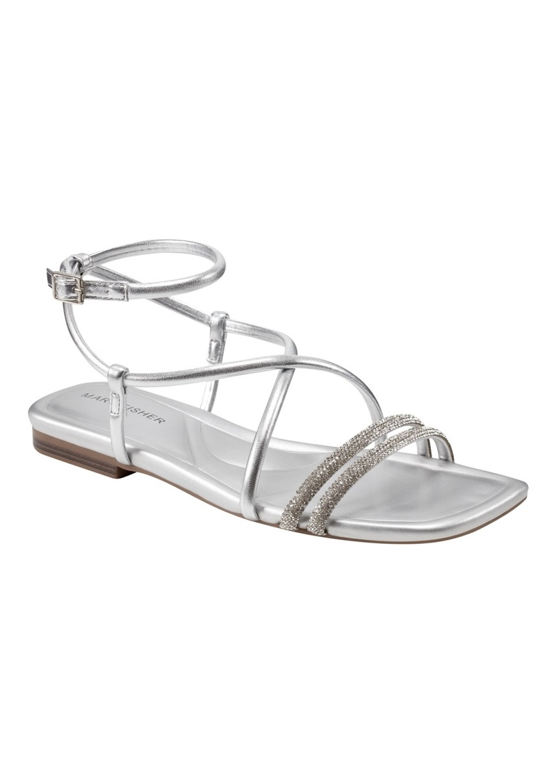 Marc Fisher Women's Lakity Strappy Square Toe Flat Sandals - Silver