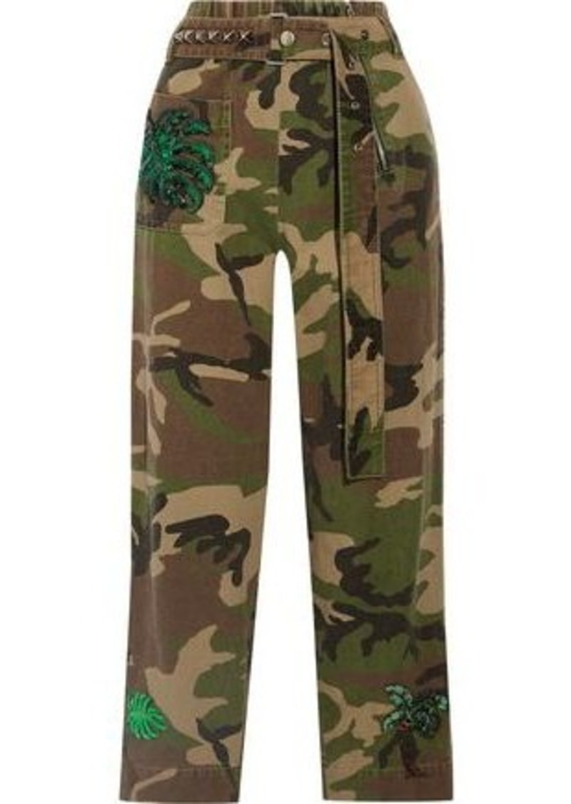 Marc Jacobs Woman Embellished Camouflage-print Cotton-twill Tapered Pants Green