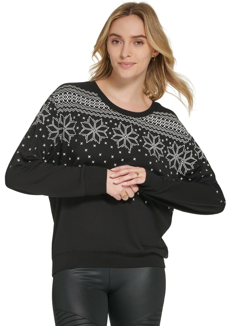 Marc New York Andrew Marc Sport Women's Snowflake Fleece Crew Neck Sweatshirt - Black