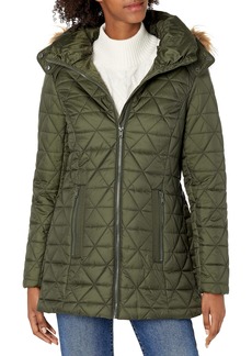 Marc New York by Andrew Marc Women's Chevron Quilted Down Jacket Faux Fur Olive-Removable Hood