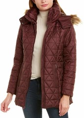 Marc New York by Andrew Marc Women's Chevron Quilted Down Jacket Faux Fur Burgundy-Removeable Hood