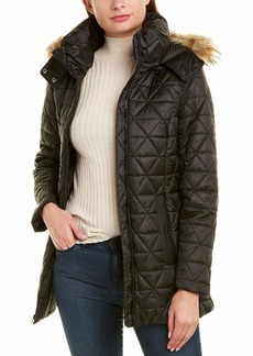 Marc New York by Andrew Marc Women's Chevron Quilted Down Jacket Faux Fur Black-Removable Hood