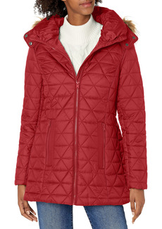 Marc New York by Andrew Marc Women's Chevron Quilted Down Jacket with Removable Faux Fur Hood RED