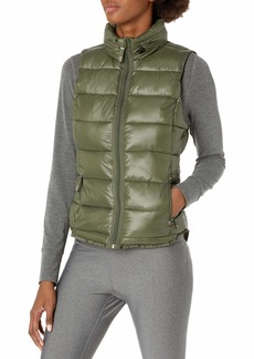 Andrew Marc Women's Center Front Puffer Vest W/Pu Trim and Sweat Knit Back