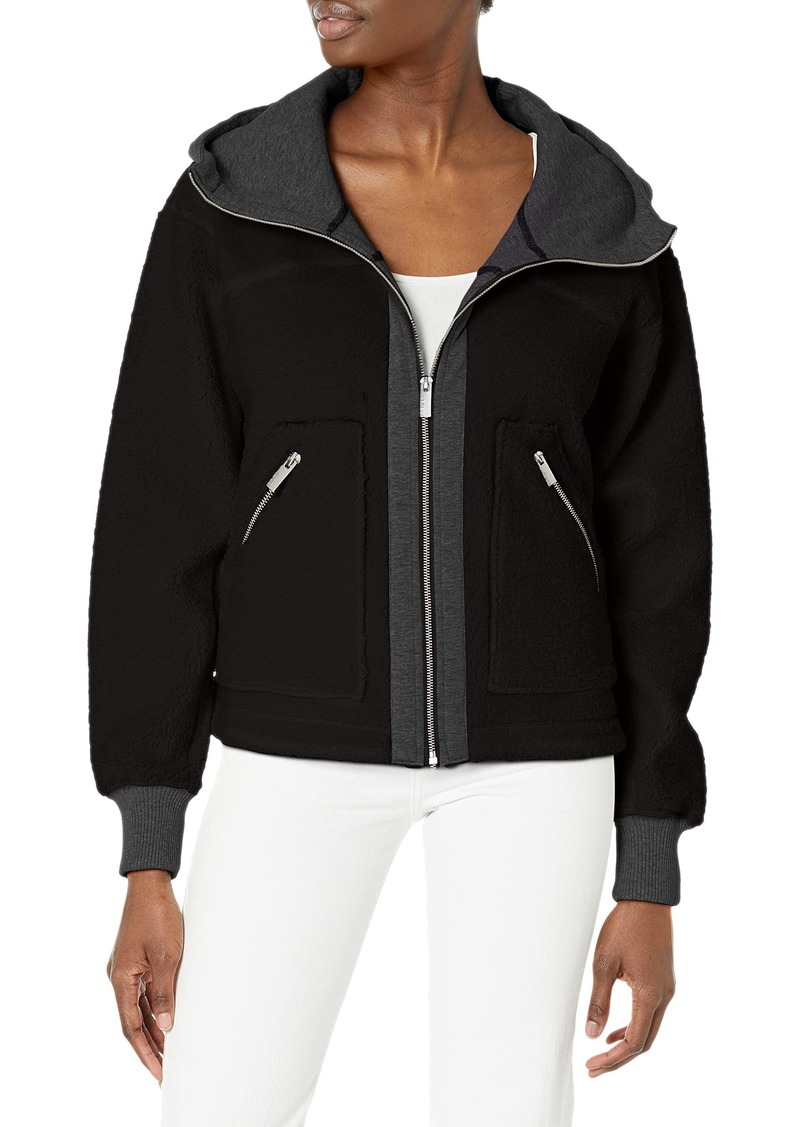 Andrew Marc Women's Hooded Sherpa Jacket Black/Charcoal Heather (Jersey Lining)