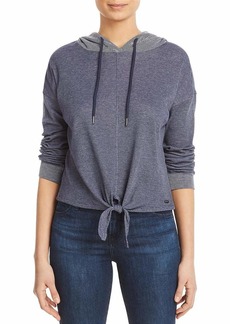 Andrew Marc Sport Women's Pinstripe Denim Jersey Hooded Tie Front Top