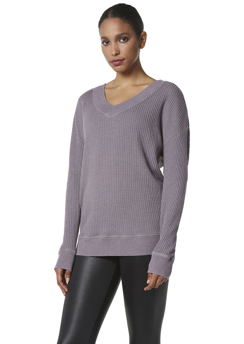 Andrew Marc Women's Washed Long Sleeve V-Neck Waffle Pullover