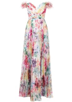 Marchesa Aquarelle pleated floral-print gown