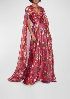 Marchesa Cutout Floral-Print Sweetheart Cape Gown