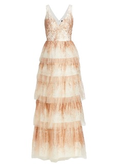 Marchesa Fit & Flare Tiered Gown