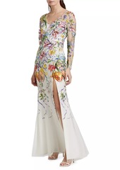 Marchesa Floral Degradé Embroidered Tulle Fit-&-Flare Gown
