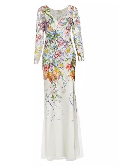 Marchesa Floral Degradé Embroidered Tulle Fit-&-Flare Gown