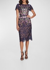 Marchesa Floral-Embroidered Lace Bodycon Midi Dress