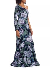 Marchesa Floral-Embroidered One-Shoulder Gown